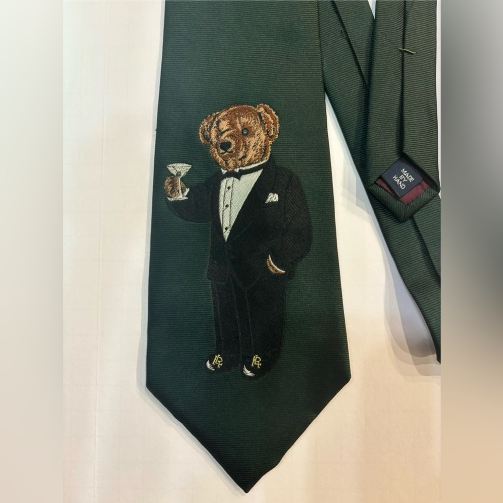 Polo Ralph Lauren Forest Green Silk Neck Tie Tuxedo Toasting Polo Bear Martini